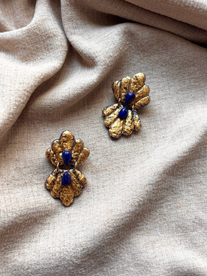 Handcrafted Ava & Azar statement earring called the Caspara, with lapis lazuli