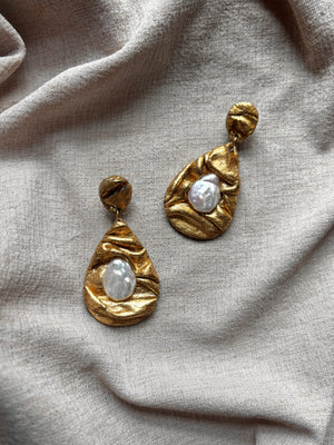 Teardrop gold draped sculpted statement earring handcrafted with freshwater pearls