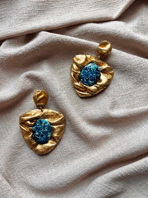 Ava & Azar handcrafted gold draped earrings with azurite Shattuckite stones 