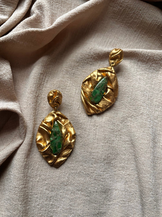 Feather Draped - Antique Gold with Emerald