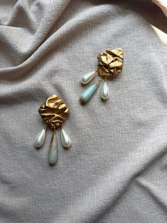 Diamond Draped Chandelier - Antique Gold, Amazonite Flower and Pearls
