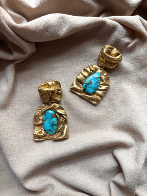 Ava & Azar handcrafted arch draped Farideh statement earring sculpted with copper turquoise stones