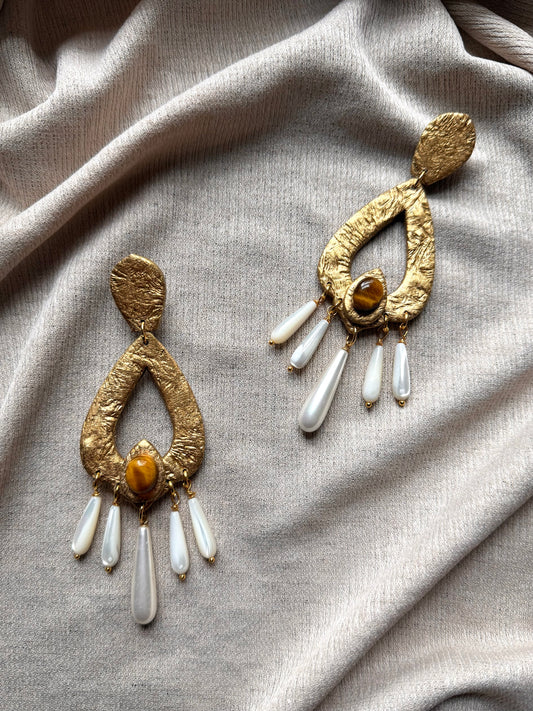 Caspara Chandelier - Antuque Gold with Tigers Eye and Mother of Pearl