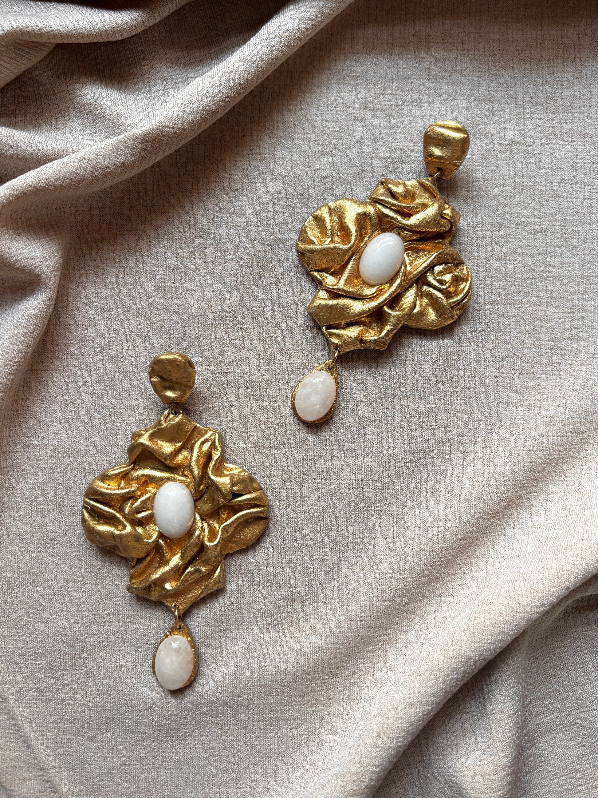Handcrafted Nidara large chandelier earrings in antique gold with white quartz by Ava & Azar