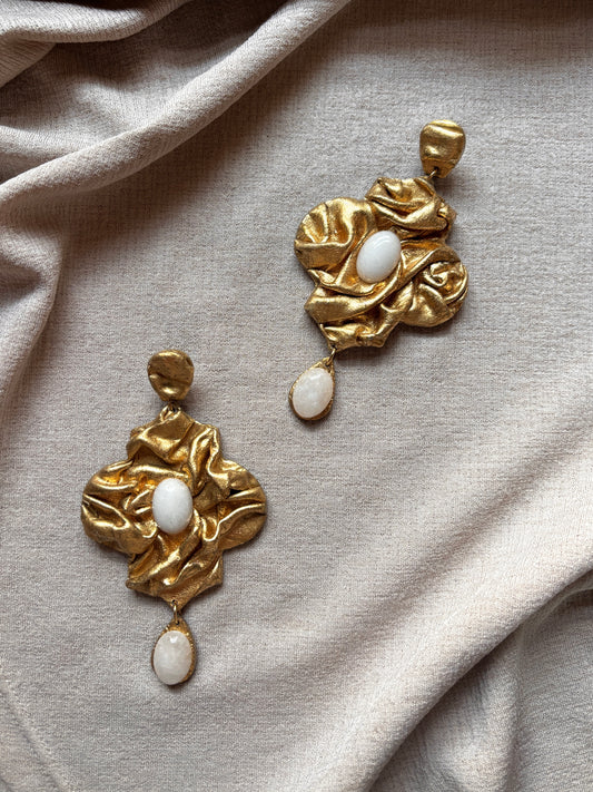 Handcrafted Nidara large chandelier earrings in antique gold with white quartz by Ava & Azar