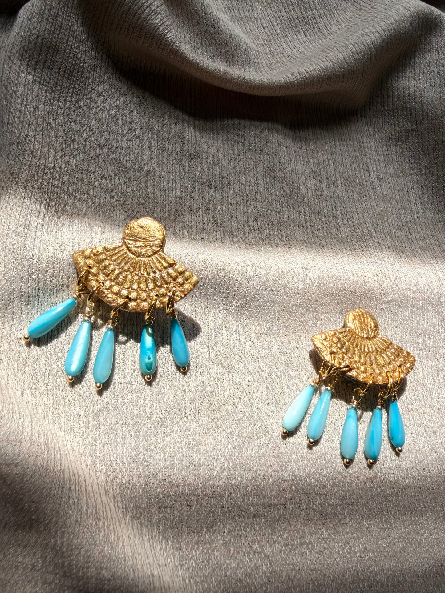 Tahmina Chandelier - Antique Gold with Turquoise Shell Beads (Clip-ons)