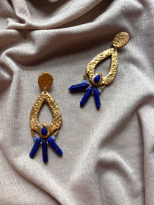 Ava & Azar handcrafted gold statement Caspara earrings with lapis lazuli chandelier drop