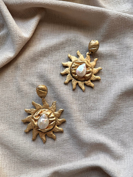 Draped Blazing Sun - Antique Gold with Freshwater Pearls