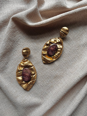 Ava & Azar handcrafted statement gold earrings with maroon mookaite jasper stones