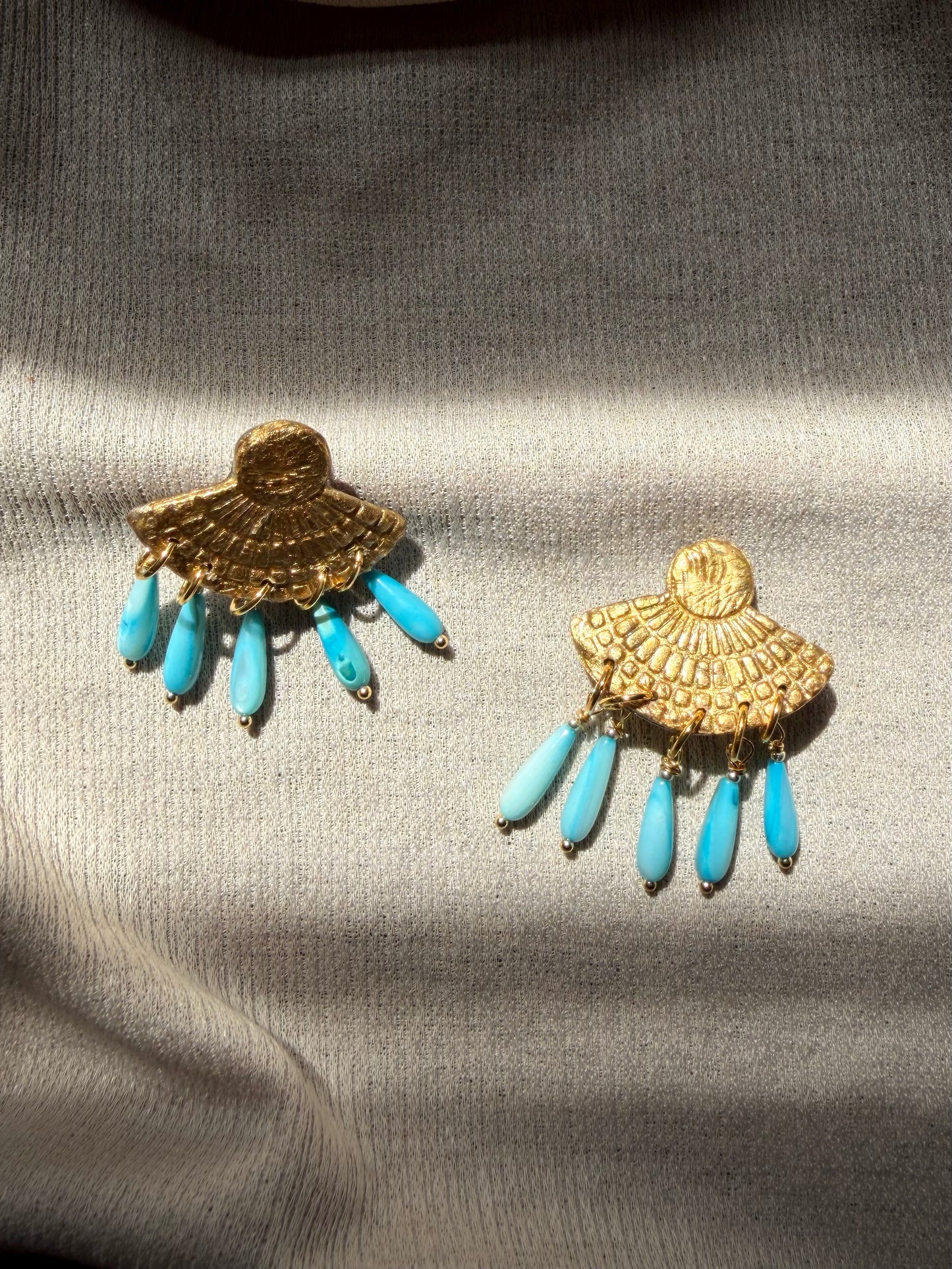 Tahmina Chandelier - Antique Gold with Turquoise Shell Beads (Clip-ons)