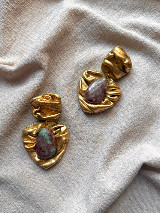 Triangular Draped - Antique Gold with Natural Garnet