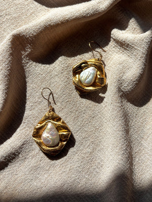 Ava & Azar handcrafted gold sculptural earrings with freshwater pearls