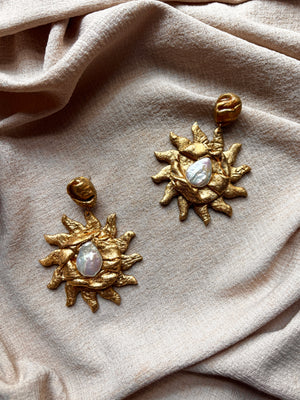 Ava & Azar handcrafted gold blazing sun statement earrings with freshwater pearls