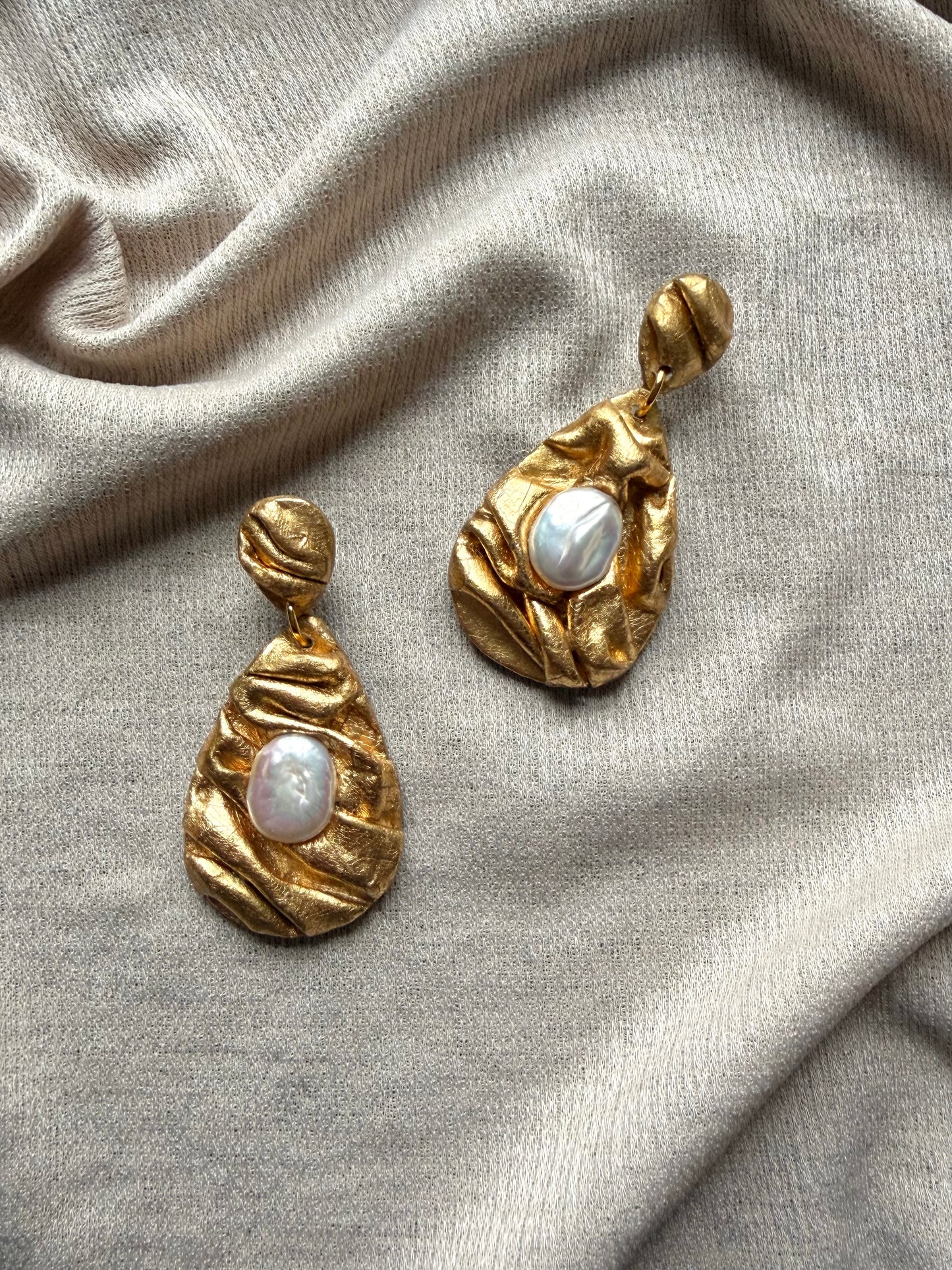 Draped Teardrop - Antique Gold with Freshwater Pearls