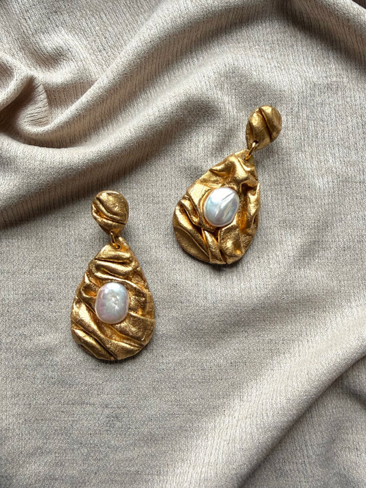 Draped Teardrop - Antique Gold with Freshwater Pearls