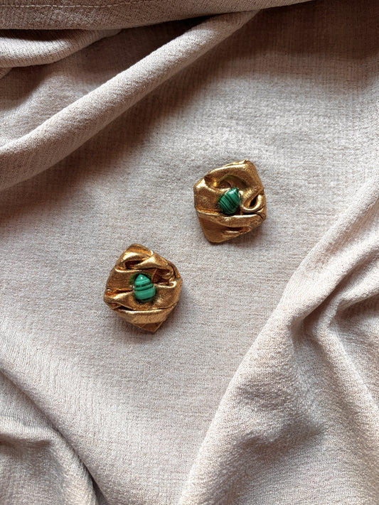 Diamond Draped Stud - Antique Gold with Malachite