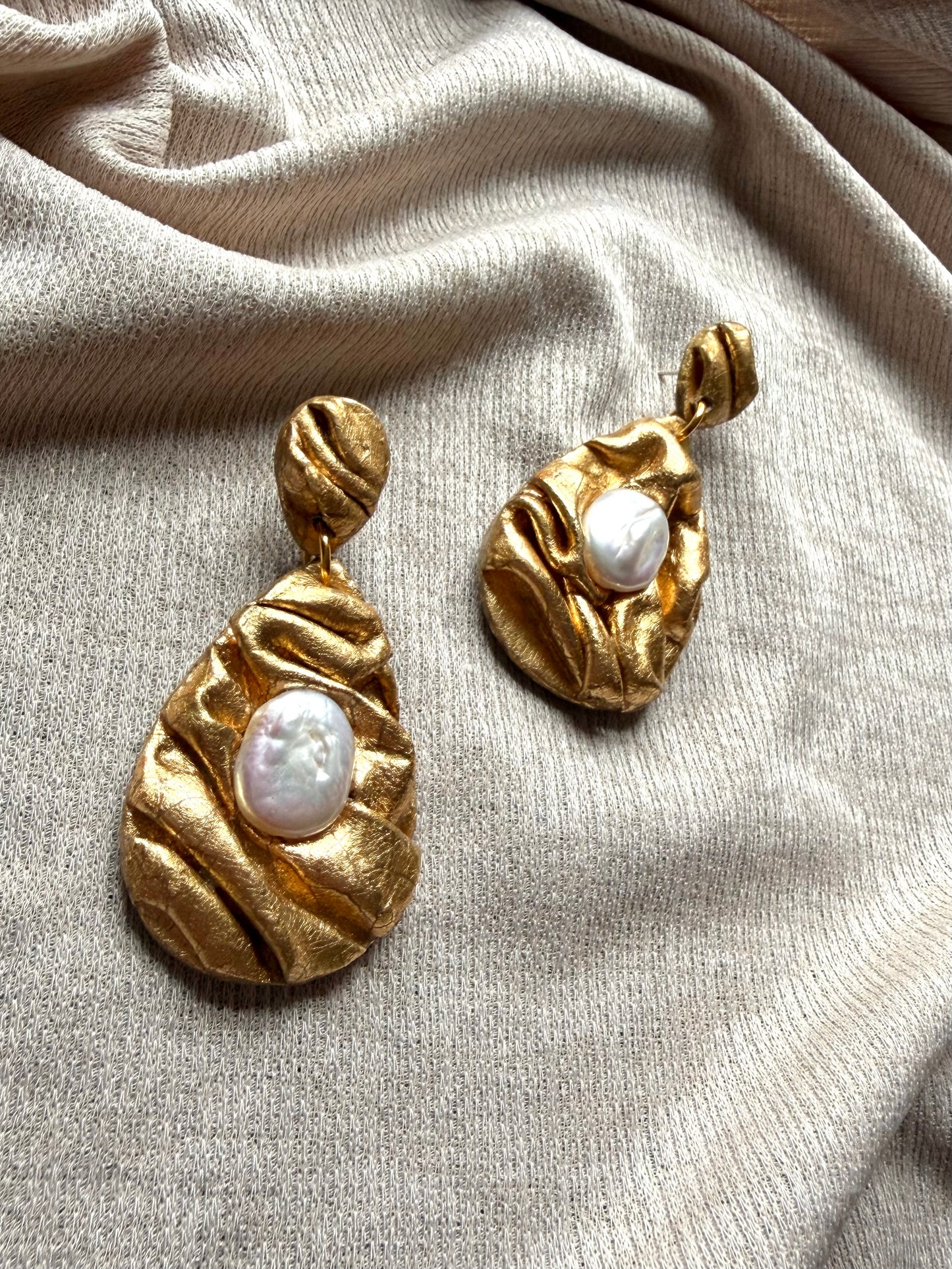 Draped Teardrop - Antique Gold with Freshwater Pearls