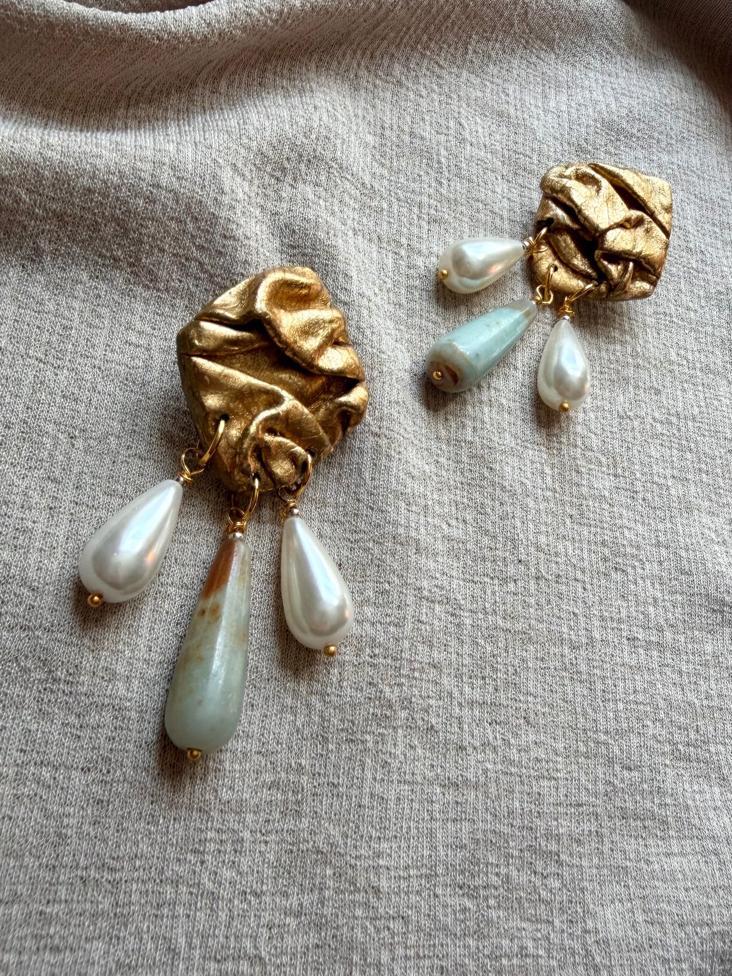 Diamond Draped Chandelier - Antique Gold, Amazonite Flower and Pearls