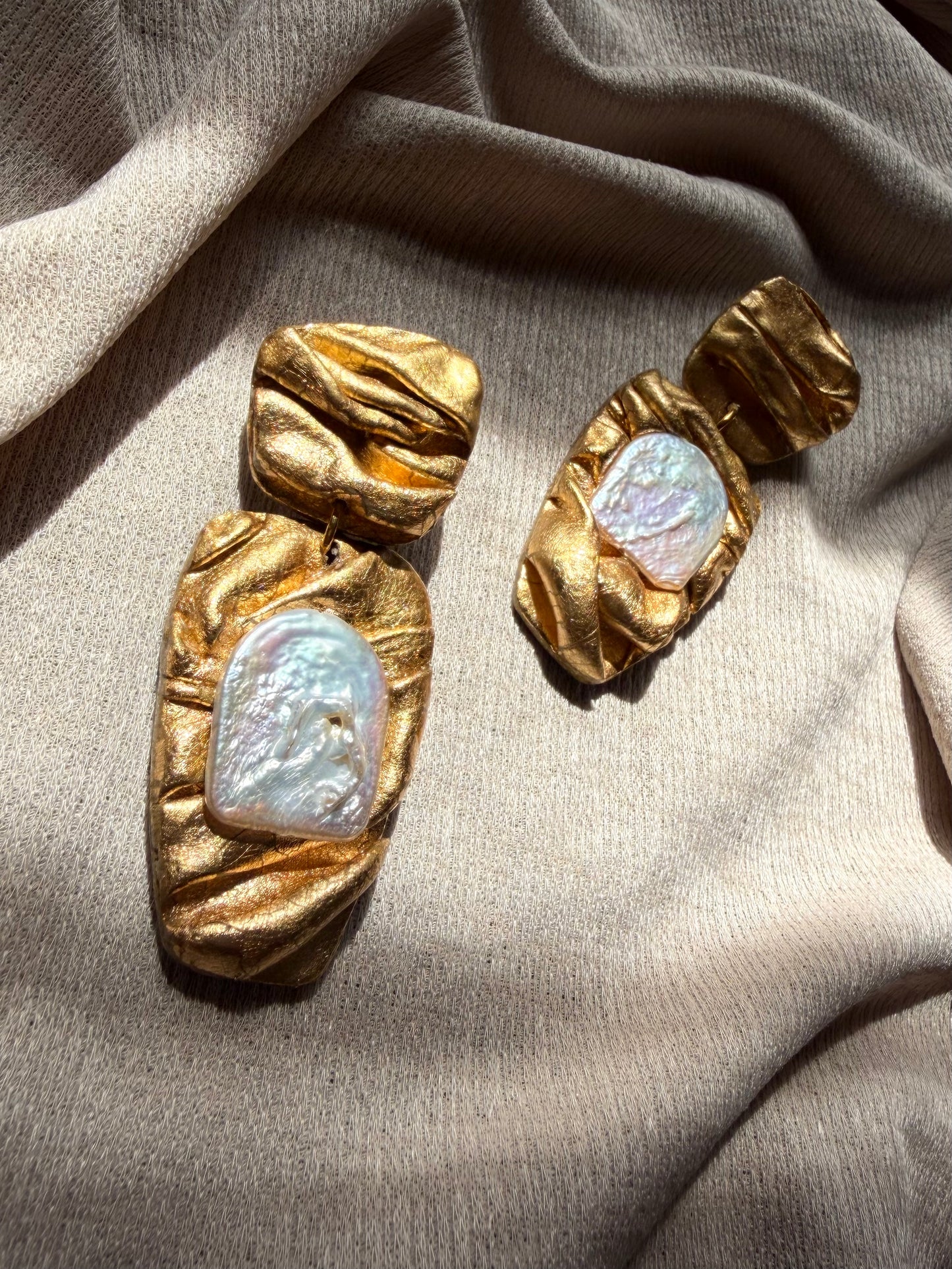 Asymmetric Draped - Antique Gold with Arched Freshwater Pearls