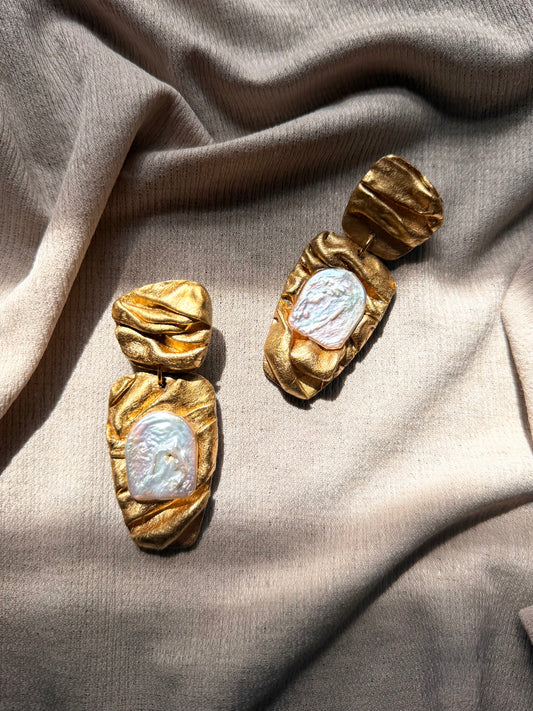 Asymmetric Draped - Antique Gold with Arched Freshwater Pearls