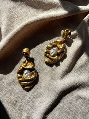 Ava & Azar handcrafted sculptural feather draped earrings with freshwater pearls 