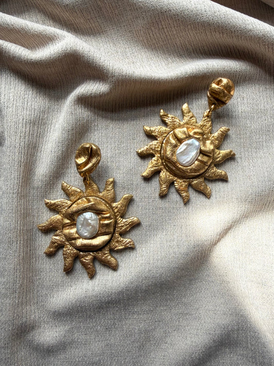 Draped Blazing Sun - Antique Gold with Freshwater Pearls